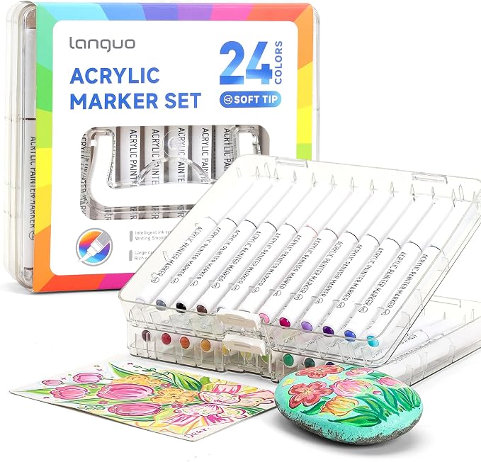 languo 24 Colors Acrylic Paint Markers, Brush Tip, Direct Liquid Ink