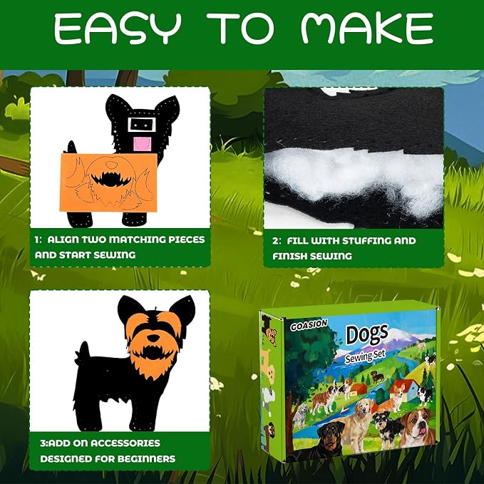 GOASION Sewing Kit for Kids, 12 Pcs Dog Craft Set, Ages 5+
