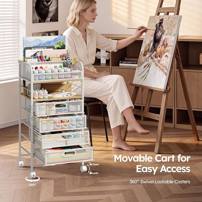 Homsorout Rolling Art Cart with 4 Drawers, Maple