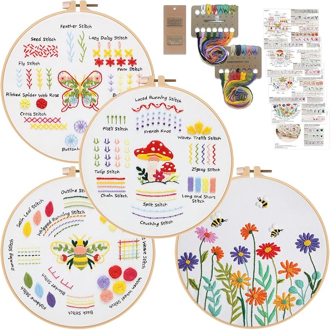 Louise Maelys 4 Pack Embroidery Kit for Beginners Stitch Practice Set