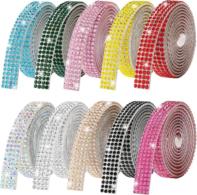 Rhinestone Ribbon Self Adhesive, 10-Rolls Bedazzling Strips, 10-Yard Rhinestone Strips for DIY Craft, Rhinestones for Crafting, 10 Colors