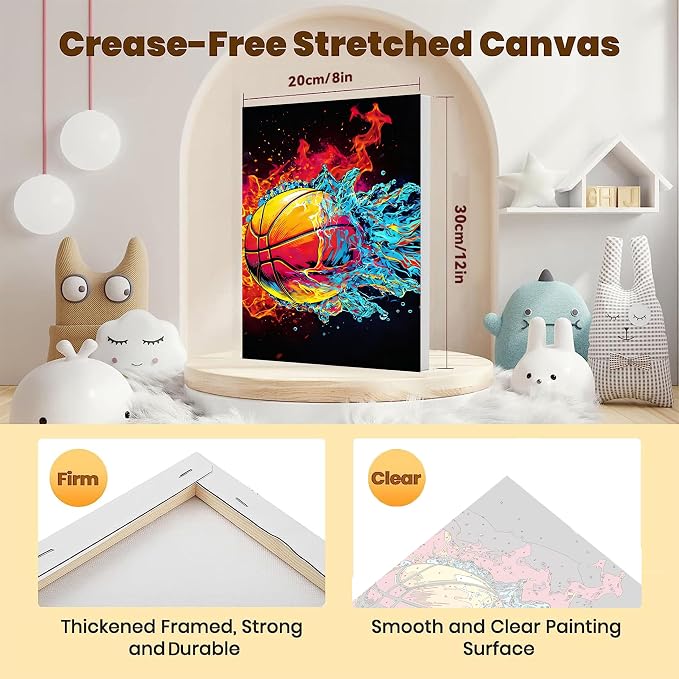 Basketball Paint by Numbers Kit for Kids with Framed Canvas - Wooden Easel | Ball Sports Paint by Numbers for Kids Ages 8-12, Acrylic Oil Painting Kits with Nice Gift Box for Wall Decor (12x8 inch)