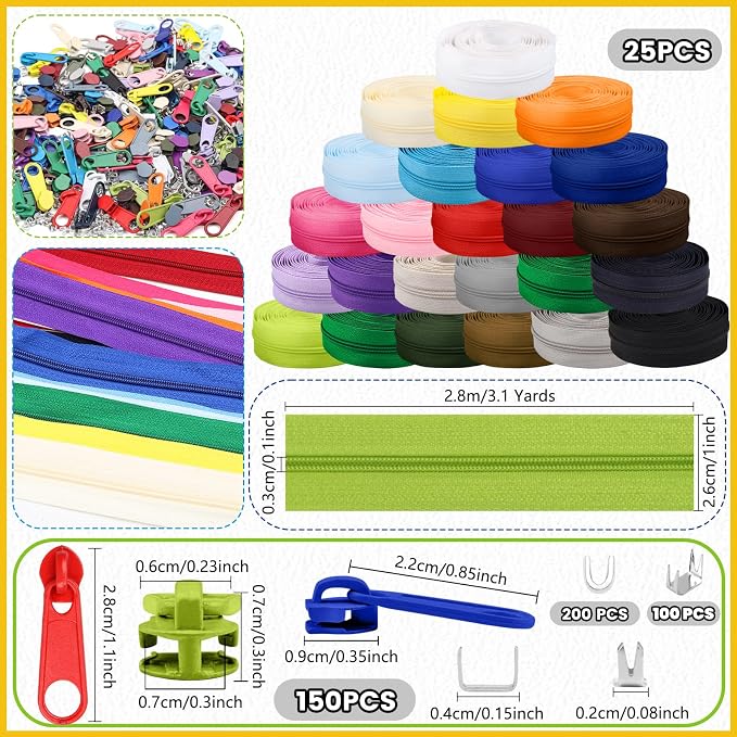 DOITEM 77.5 Yards 25 Pieces Sewing Zippers #3 Nylon Coil Zippers Assorted Zipper for Sewing with 150 Zipper Sliders for DIY Tailor Sewing Crafts Supplies, 25 Color