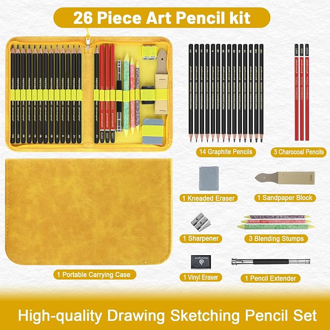 Heshengping Sketching and Drawing Pencils Set 26pcs, Art Supplies Drawing pencil Kit,Graphite Charcoal Professional Pencils Set, Adults Beginners Artist