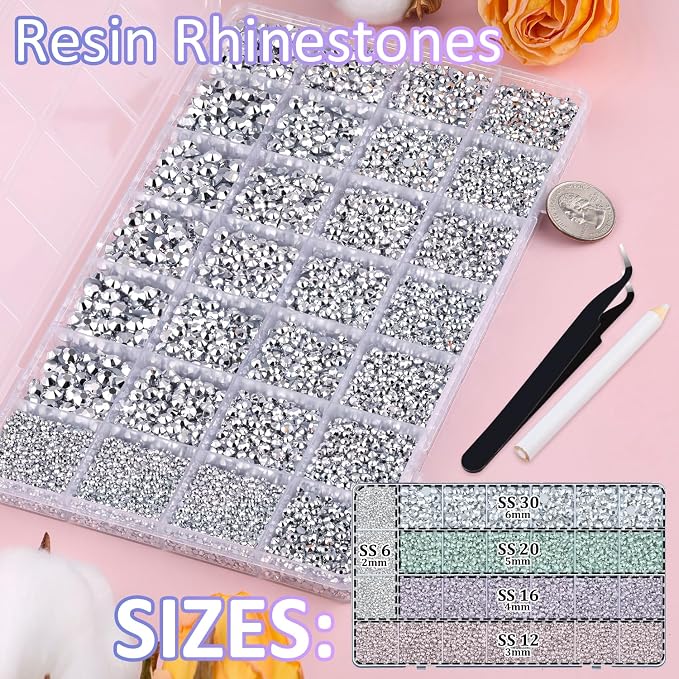 30000Pcs Resin Rhinestones for Bedazzling with Tweezers, Silver Rhinestones for Crafting with 3Pcs 10ml B7000 Jewelry Glue for DIY Crafts Clothing Tumblers Shoes Fabric Nail Art