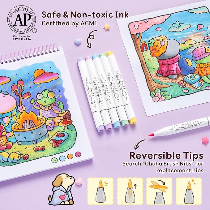 Ohuhu × Coco Wyo Coloring Set 48 Alcohol Markers& Coloring Book Brush& Fine | Co-branded Coloring Kit, 48-color Dual Tips Honolulu B, for Adults Beginners Artists Cozy Coloring, Great Gift Idea