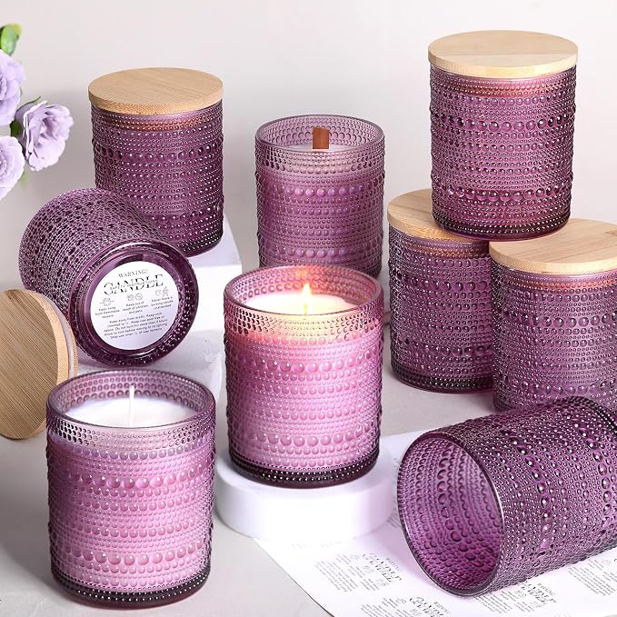 DARJEN 12 Pcs 10 oz Glass Candle Jars with Lids, Candle Tins-Purple | Thick Wall Ribbed Glass, Airtight Wood Lids- The go to candle jar for DIY, thoughtful gifters, growing candle brands
