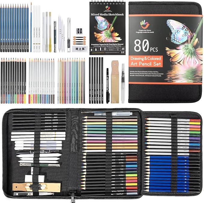 H & B 80PCS Drawing Set Sketching Kit, Art Supplies with Sketchbook & Case | Complete Pro Art Kit with Sketch & Colored Pencils - Portable Zippered Case - Ideal for Adult Artists & Beginners