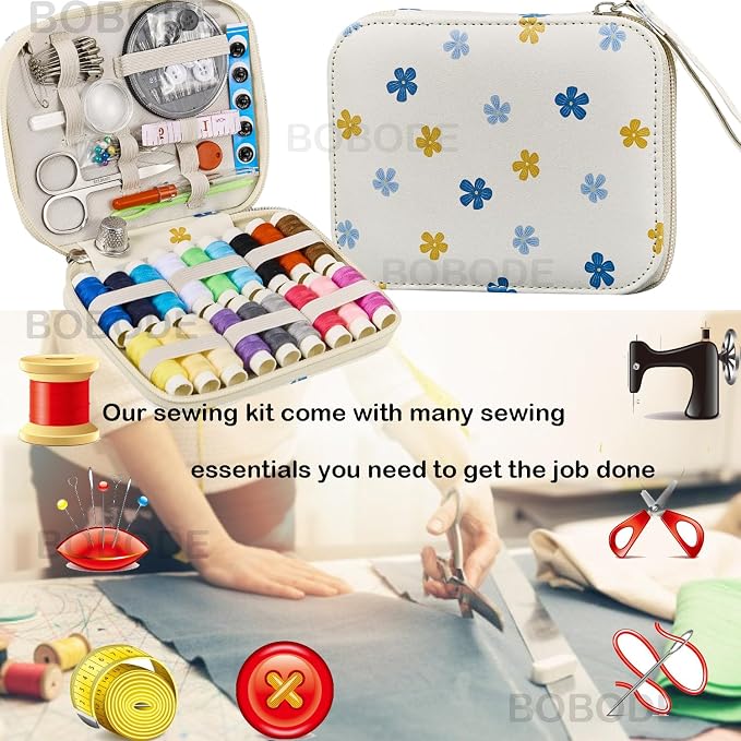 Bobode Sewing Sets & Kits Travel Sewing Kit for Adults | Floral Pattern Sewing Set Professional Basic Sewing Supplies Printing Carry Sewing Kit for Emergency,Beginners
