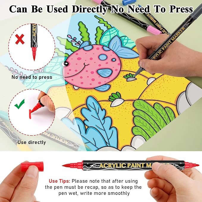 colpart 72 Colors Acrylic Paint Markers,Dual Tip Acrylic Paint Pens,Includes 12 Metallic Brush Tip Fine Tip Markers For Rock Painting,Plastic,Canvas And Diy Crafts Art Supplies