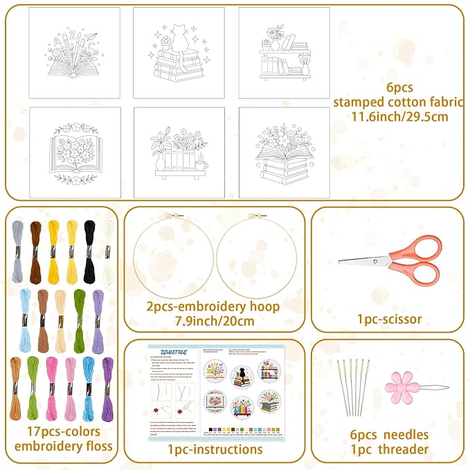 BEUNITONE 6 Set Embroidery Kit for Beginner Adults, Books & Flowers Cross Stitch Set with Stamped Pattern Hoops Threads Cloth Needles, Embroidery Starter Kit for Gifting and Home Decoration