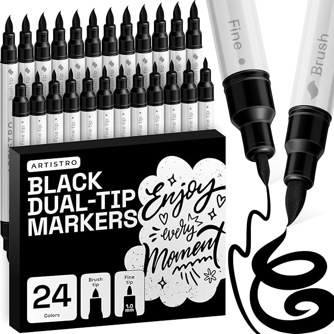 ARTISTRO 24 Black Dual-Tip Acrylic Paint Marker Pens for Drawing | For Fabric, Rock, Glass, Wood, & Molds, Arts & Crafts Gift for Adults, Teens, & Kids, Classroom Must Haves & School Supplies