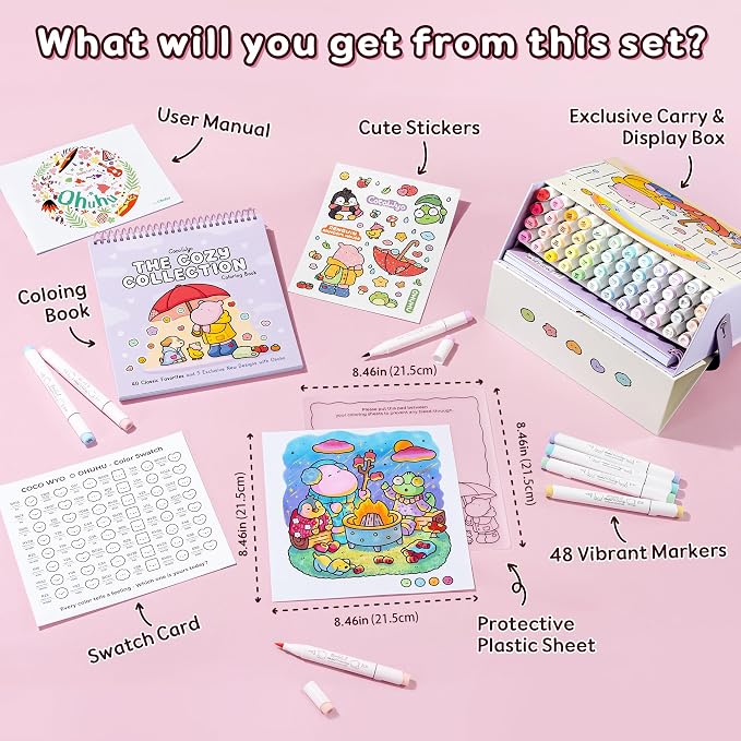 Ohuhu × Coco Wyo Coloring Set 48 Alcohol Markers& Coloring Book Brush& Fine | Co-branded Coloring Kit, 48-color Dual Tips Honolulu B, for Adults Beginners Artists Cozy Coloring, Great Gift Idea