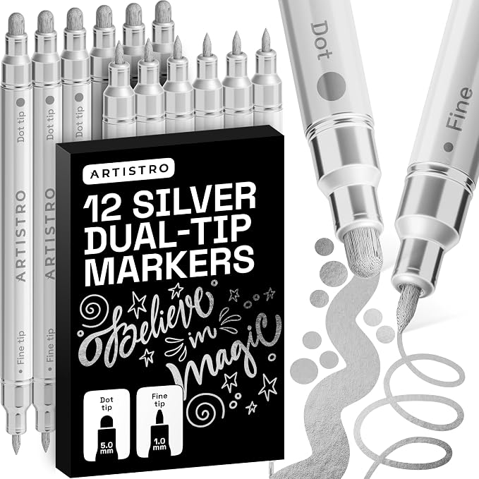 ARTISTRO Silver Dual-Tip Acrylic Paint Marker Pens - Set of 12 | For Fabric, Rock, Glass, Wood, & Coloring Books, Arts & Crafts Gift, Classroom Must Haves & School Supplies (Dot & Fine Tips)