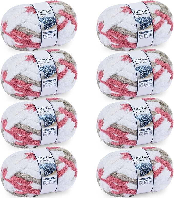 Cozyful Chunky Yarn for Hand Knitting - #10 Chunky Chenille Blanket Yarn, Jumbo Big Thick Chunky Yarns for Crocheting, Tie Dye Bulky Knit Yarns, 8 Skein (20 yds 8 oz Each Skein), Khaki & Rose & White