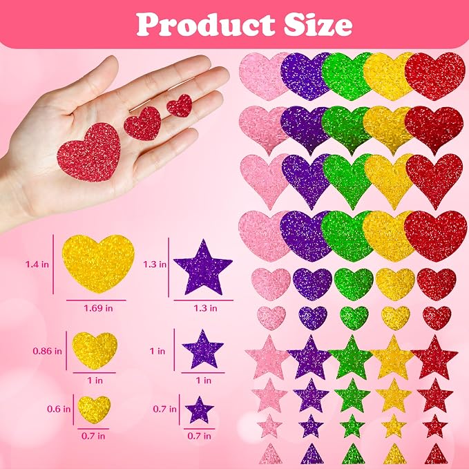 Back to School Supplies - 280 PCS Glitter Foam Reward Stickers for Kids | Self Adhesive Stars Mini Heart Shapes Stickers for Teachers Students Classroom - Arts Craft Scrapbook Supplies Party Favors
