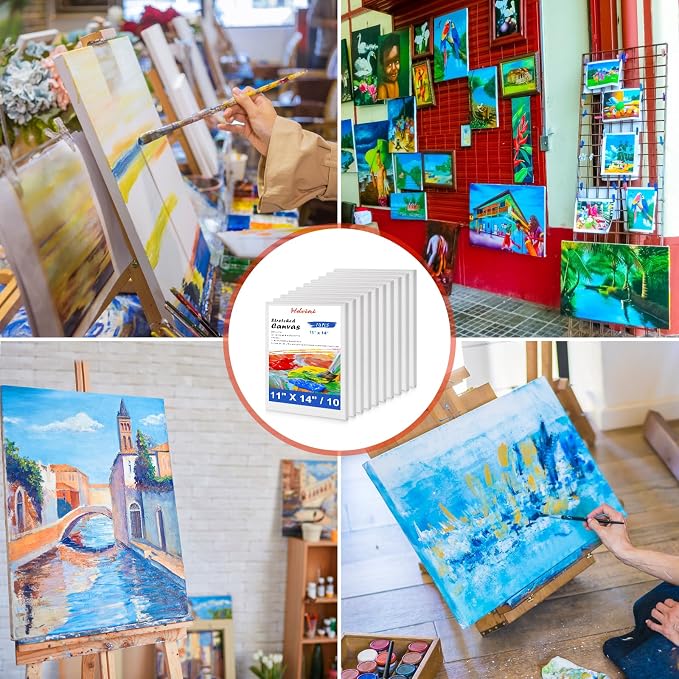 Stretched Canvas for Painting - 11x14 Inch/10 Canvas Value Pack - Triple Primer Acid Free 100% Cotton Blank Canvas for Painting Supplies Oil and Acrylic Pouring Art Watercolor