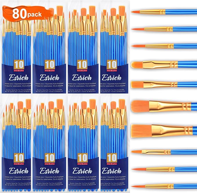 ESRICH 80PCS Paint Brushes, Paint Brush for Acrylic Painting | Artist Paintbrushes for Oil Watercolor, Body Face Rock Canvas, Small Paint Brushes for Kids