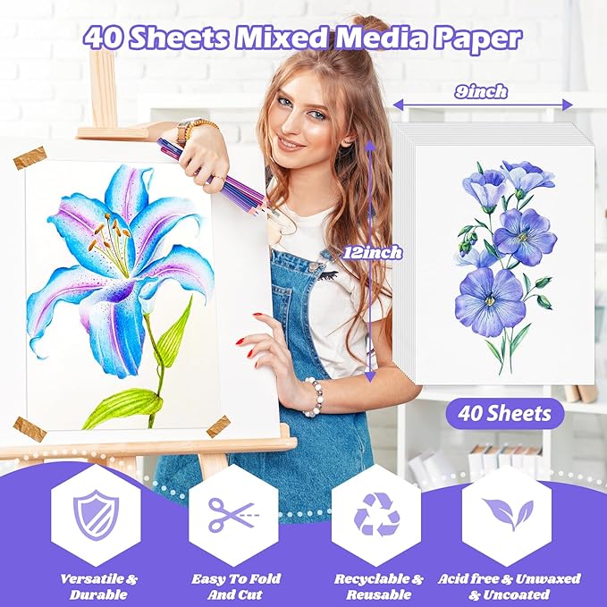 Mixed Media Paper 9" x 12",40 Sheets Multipurpose White Loose Drawing Paper | 98 lb/160 gsm Heavyweight Art Paper for Sketching, Sketch Book, Gouache, Painting, Sketchbook, Drawing Pad Book, School