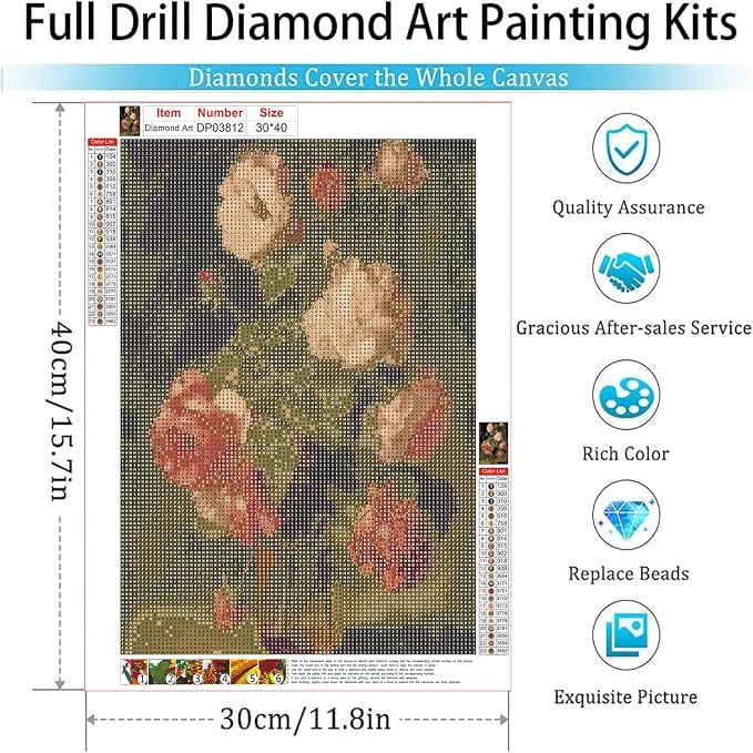 Diamond Art Kits for Adults,Vintage Flowers Diamond Painting Kits 12x16in