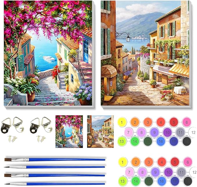 VIGEGU 2 Pack Cityscape Paint by Numbers Kit for Adults with Framed, Landscape Paint by Number DIY Adult Paint by Number Kits for Wall Decor 10x12in