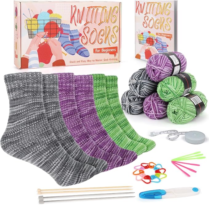 Katech Knitting Kit for Beginner Adults W/Socks Step-by-Step Instruction | Knitting Kit clue 6 Socks Yarn and Knitting Needles, Knitting Starter Kit for Learn-to-Knit Kits for Beginner-Gray