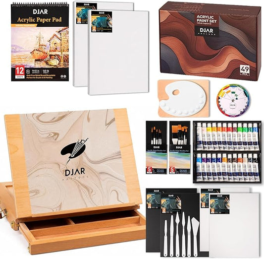 DJAR 49 Pcs Acrylic Paint Set with Tabletop Easel Box, 24 Colors | All-in-One Painting Kit with Sketchbook, Painting Pads & Palette, Complete Art Supplies Kit for Adults, Teens, and Beginners