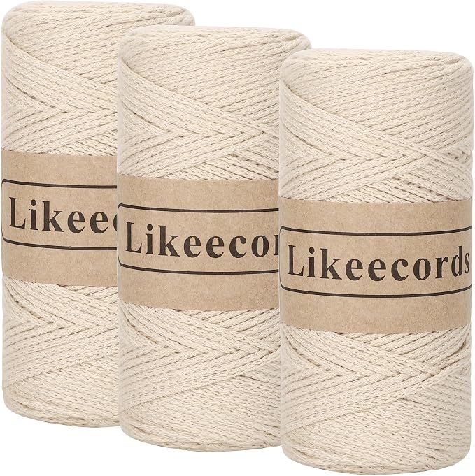 Likeecords 100% Cotton Crochet Yarn for Bag,3 Rolls/Pack 2mm x 510m,Macrame Cord,Chunky Yarn for Crocheting Handbag, Purse,Blankets Crafts Projects (Apricot)