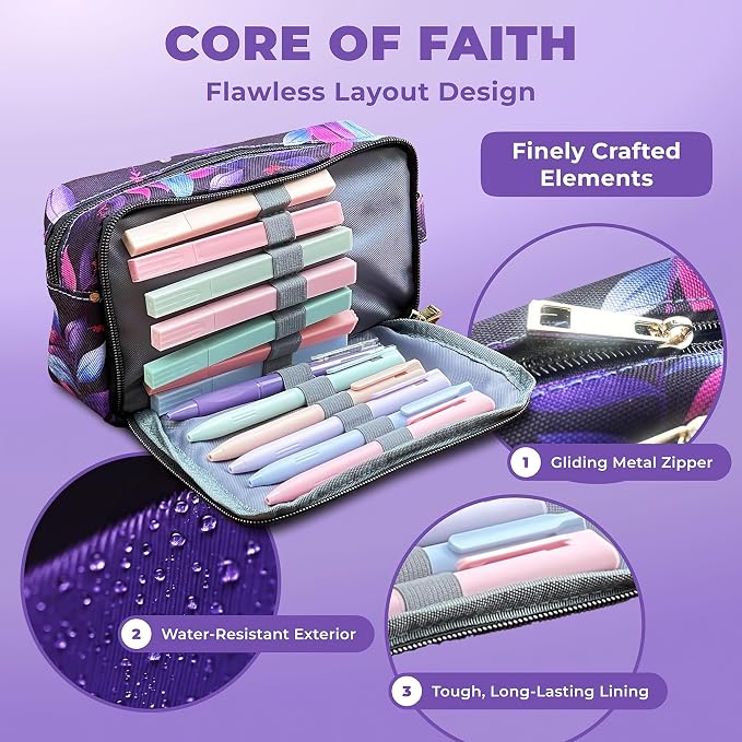 48 Pcs Bible Study Supplies for Women, Bible Journaling Kit Includes Bible Pencil Case, Tags, Pens, Highlighters, 4 Color Clear Sticky Notes, Notebook, 15 Clips, 4 Rolls of Washi Tape & More (Purple Bag)