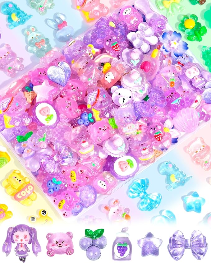 FIVEIZERO 100PCS Cute Slime Charms, Kawaii Flatback Resin Charms | 50+ Unique Designs, Glittery Finish, Easy to Glue, Lightweight and Durable, Perfect for DIY Decoration