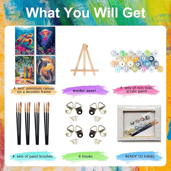 4 Pack Beach Paint by Numbers for Adults with Framed Canvas - Wooden Easel | Beach Paint by Number on Canvas, DIY Sea Turtle Acrylic Oil Painting Kits with Brushes for Home Wall Decor (8x12 inch)
