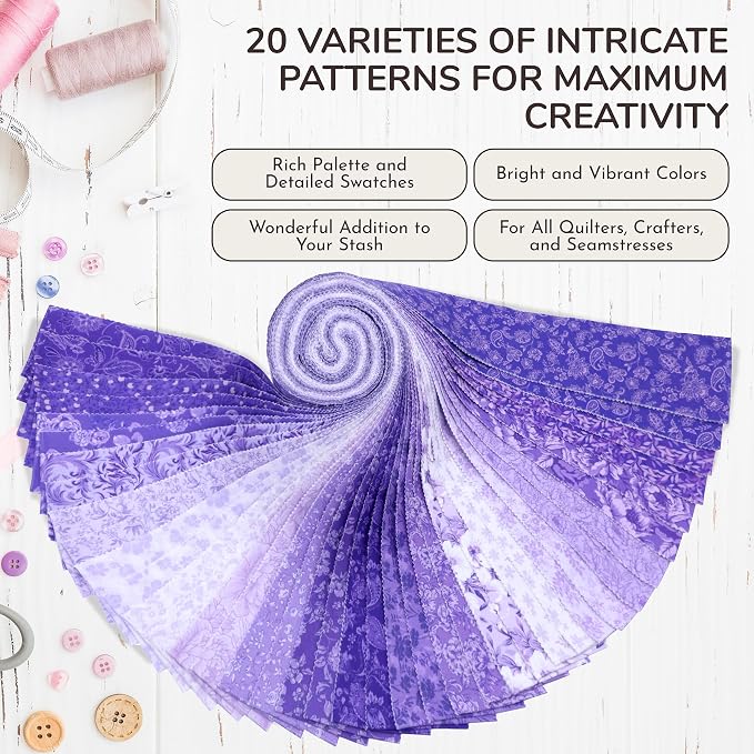 Tinyspool & Co.'s Twirlie Roll 40 Precut Quilting Fabric Strips for Quilting Supplies, Crafting, and Sewing, Soft Cotton Strip for Blanket, Rug, Upholstery, Home Decor, and Purse Making, Royal Purple