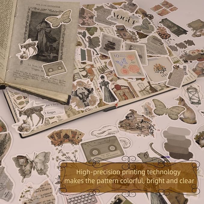 EOAOD 200 Vintage Aesthetic Stickers for Scrapbooks and Water Bottles | Waterproof Vinyl Decals for Notebooks, Junk Journals and DIY Crafts, Perfect for Kids, Teenagers and Adults
