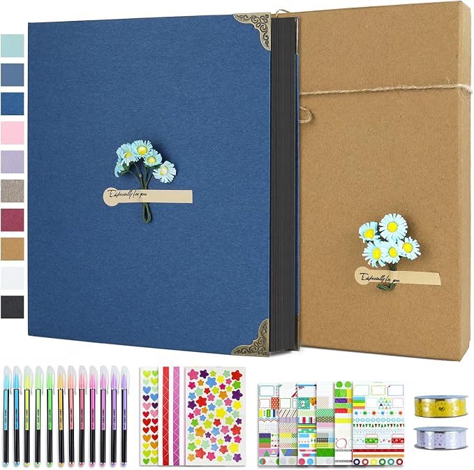 Vienrose DIY Scrapbook Photo Album Kit with Pens Tapes and Stickers 60 Pages Hardcover 8.5x11 Inches 3 Rings Removable Black Paper Scrapbooking for Lover Friends Kids Wedding Blue | 30 Sheets,Hardcover,3-Ring Removable Black Paper,Pens,Tapes,Stickers,G...