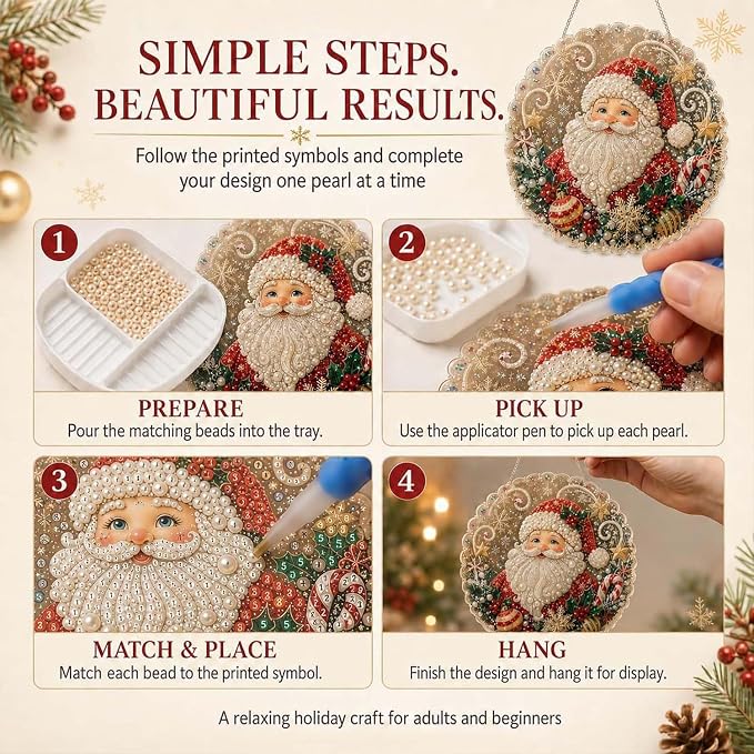 Christmas Pearl Diamond Painting Kit, DIY Diamond and Pearl Art Painting, 3D Mixed-Sized Pearl Beads Craft, Acrylic Round Board with Lace Edge, Pre-Assembled Metal Chain