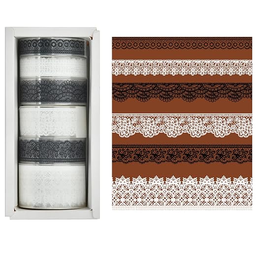 6 Rolls Lace Patterns PET Tapes Floral Arts Decorative Tape Set Adhesive Transparent Masking Tapes for DIY Craft, Kids, Scrapbook, DIY, Gift Wrapping, Journal (Black and White)