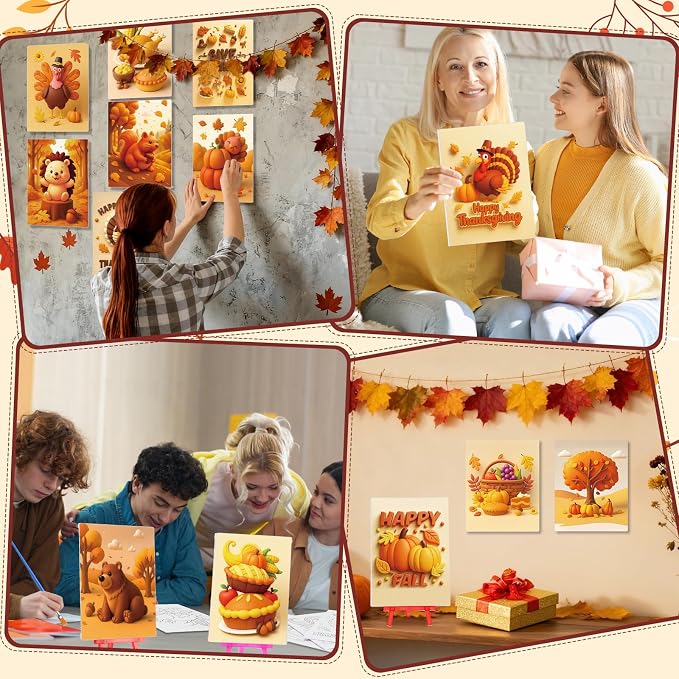 Blosssound 24 Pack Fall Pre Drawn Canvas Painting Kit 5 x 7 Inch Pre Printed Canvas to Paint with Easel, Paint Pots Brushes Stretched Panels Bulk for Adult Autumn Thanksgiving Sip Party Student DIY
