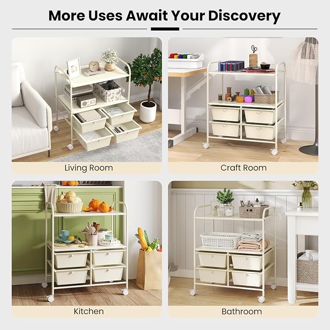 Giantex Rolling Storage Cart w/ 4 Drawers 2 Shelves Metal Rack Shelf Home Office School Beauty Salon Utility Organizer Cart with Wheels, Ivory