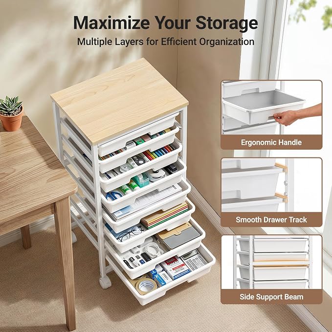 Pipishell Rolling Cart with 8 Drawers for Classroom, Craft & Art Room,White