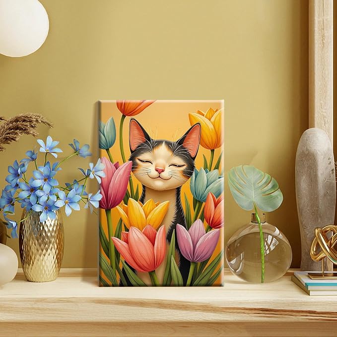 SparkGlow Cat and Flowers Adults Paint by Numbers Kit with Frame | 12×8 Inch Framed Number Painting | Premium Materials | Include Easel | Rich Colors | Gifts |Wall Decoration