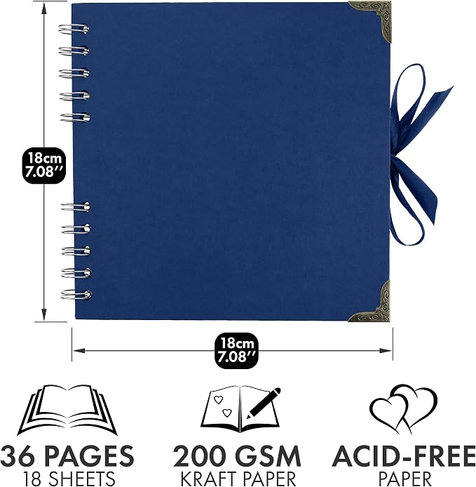Bstorify Square Scrapbook Photo Albums 7 x 7 Inch Blue Hardcover with Ribbon Closure - Ideal for Scrapbooking, Art & Craft Projects | Hardcover with Thick 200 GSM Kraft Paper, Ideal for Your Scrapbooking Albums, Art & Craft Projects (Blue, 7 x 7 Inch)