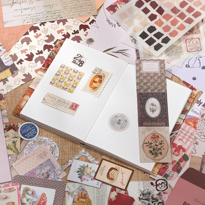 Upgraded Scrapbook Photo Album Supplies Kit with Tweezers and Glue Tape – Vintage Aesthetic Junk Journal Kit, Large Scrapbooking Paper, Sticker Pack, Notebook, DIY Craft, Gift for Adults (Goodtime)