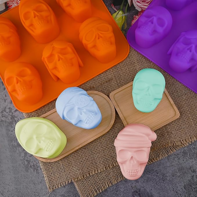 Moukiweek 3D Skull Soap Silicone Mold 2-piece Set Halloween Chocolate Mold Ice Cube Trays Molds Suitable for Cookery Cake Baking and DIY Resin Craft