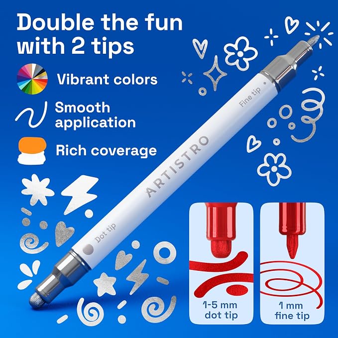 ARTISTRO Metallic Dual-Tip Acrylic Paint Marker Pens - Set of 12 | For Fabric, Rock, Glass, Wood, & Coloring Books, Arts & Crafts Gift, Classroom Must Haves & School Supplies (Dot & Fine Tips)