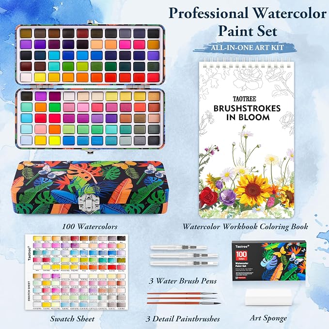 Taotree 100 Colors Watercolor Paint Set with 16 Different Flowers Designs | Watercolor Workbook, Water Coloring Book with Palette and Art Brush, Paint Set Art Supplies for Adults Beginners (Flowers)
