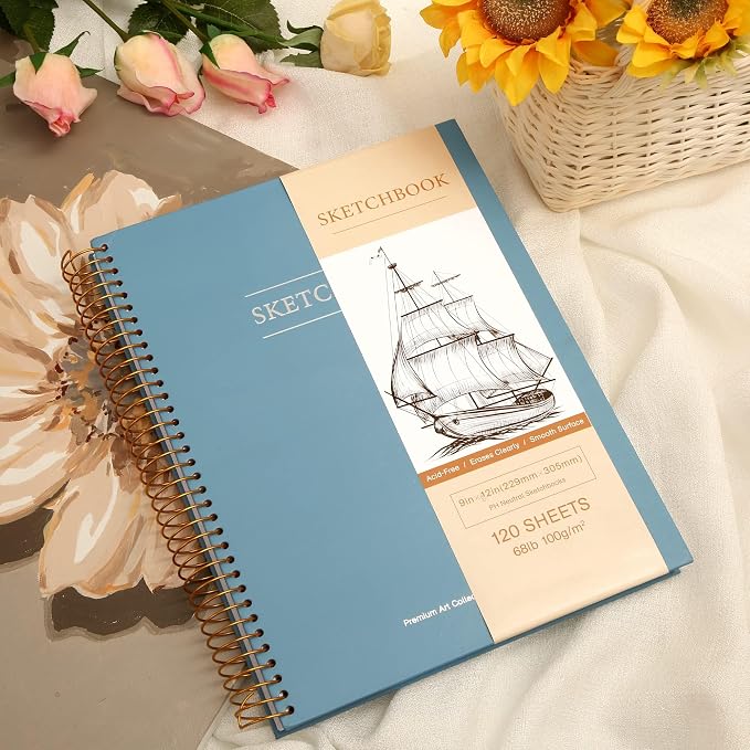 Yoment 9"x12" Hardcover Sketchbook for Drawing，120 Sheets，100GSM | Blue,Spiral Bound Sketch Pad Premium Art Sketchbook Artistic Drawing Paper Pad for Kids Adults Beginners Artists