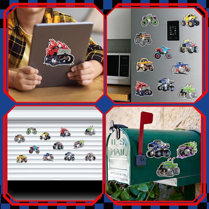 Zonon 12 Pcs Truck Diamond Art Magnets, Diamond Painting Kits Fridge | Easy Truck Theme Kits for Kids Boys, Colorful Designs for Fridge Home Decor, Creative Magnetic Stickers Gift Ideas