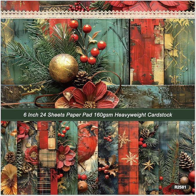 Christmas Scrapbook Paper Pad 24 Sheets Scrapbooking Supplies, Single-Sided Patterned Cardstock Pads Supplies for Card Making, Designer Planner Journals, Background Borders, Greeting Cards 6"×6”