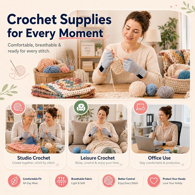 Coopay Crochet Gloves, Fingerless Compression Gloves with Anti-Slip Grip, M | Ergonomic Crochet Accessories for Hook Control, Knitting & Crafting, Left and Right Hand Design, 2 Pcs