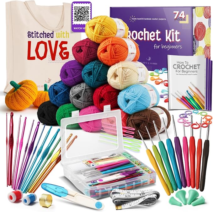 Hearth & Harbor Crochet Kit with 1500 Yards Assorted Yarn Kit, Ergonomic Hooks, Crocheting Instruction, Knitting & Crochet Supplies - Beginner Crochet Kits for Adults, Ideal for Amigurumi